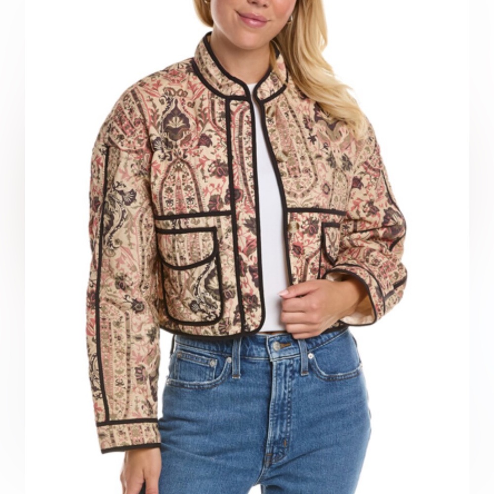 7 For All Mankind Beige Floral Quilted Crop Jacket with Black Trim